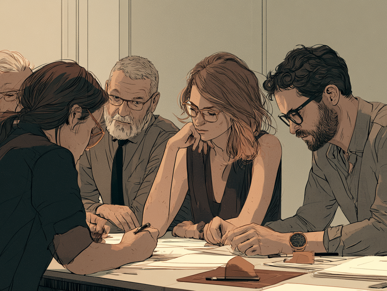 A group pressed in around a table as the decision becomes real