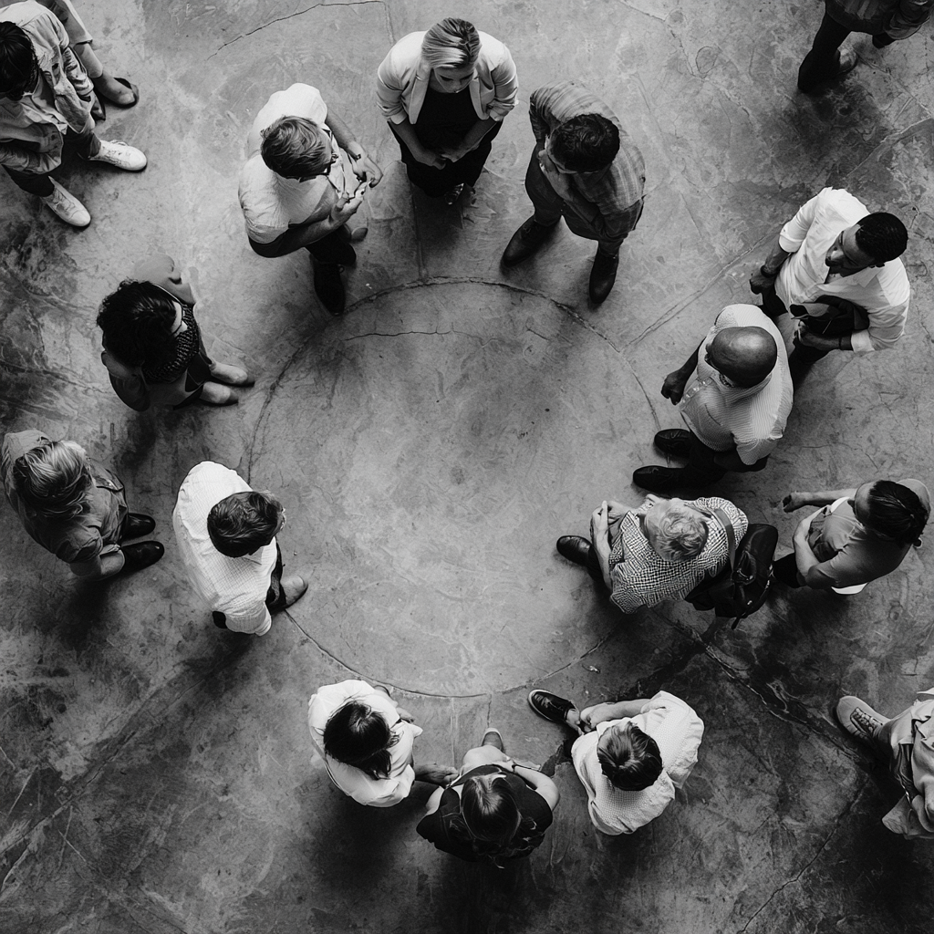 A group seated in a circle, seen from above