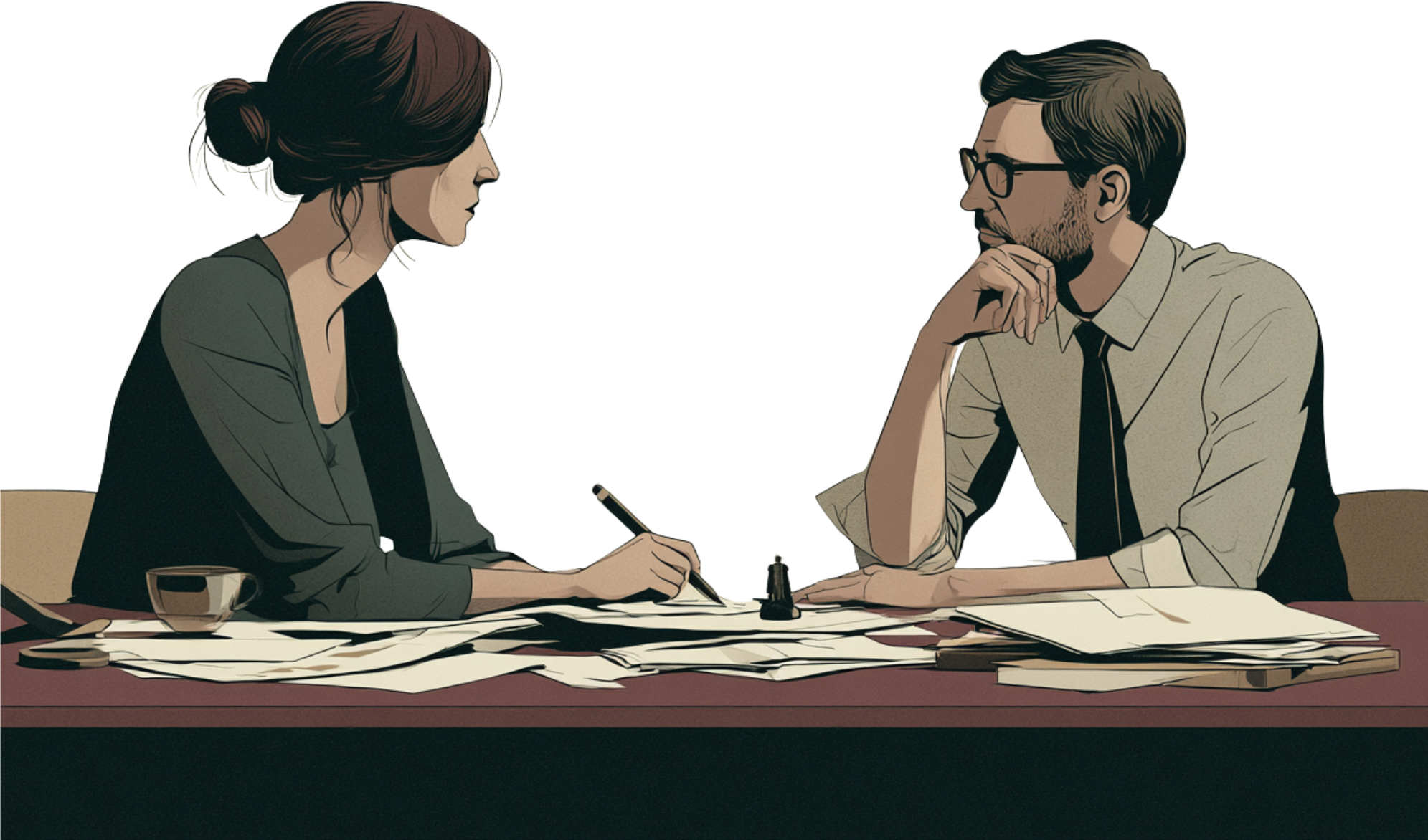 Two colleagues either side of a table of papers, working a decision through together