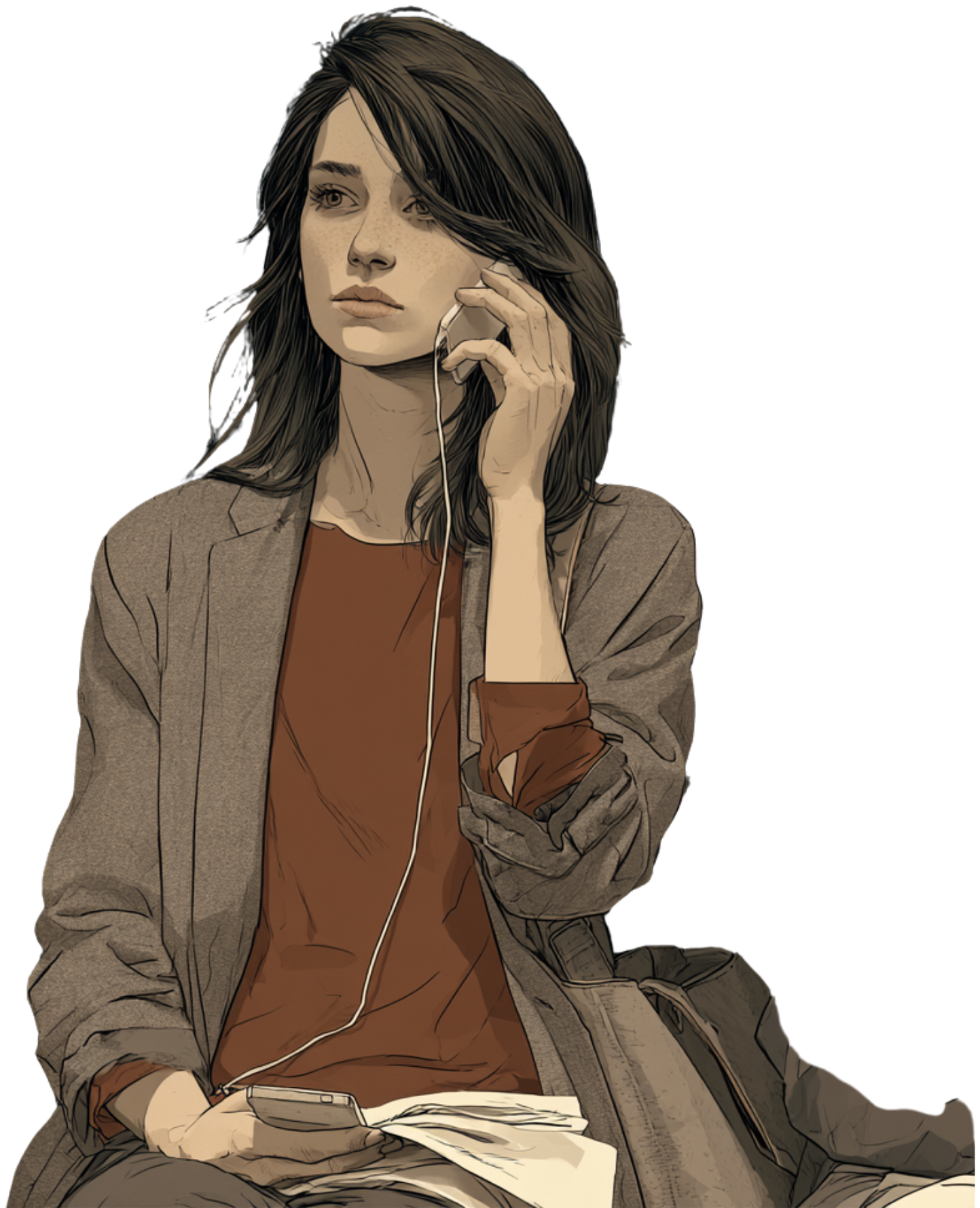 A woman on a call, listening, holding what has not yet been said