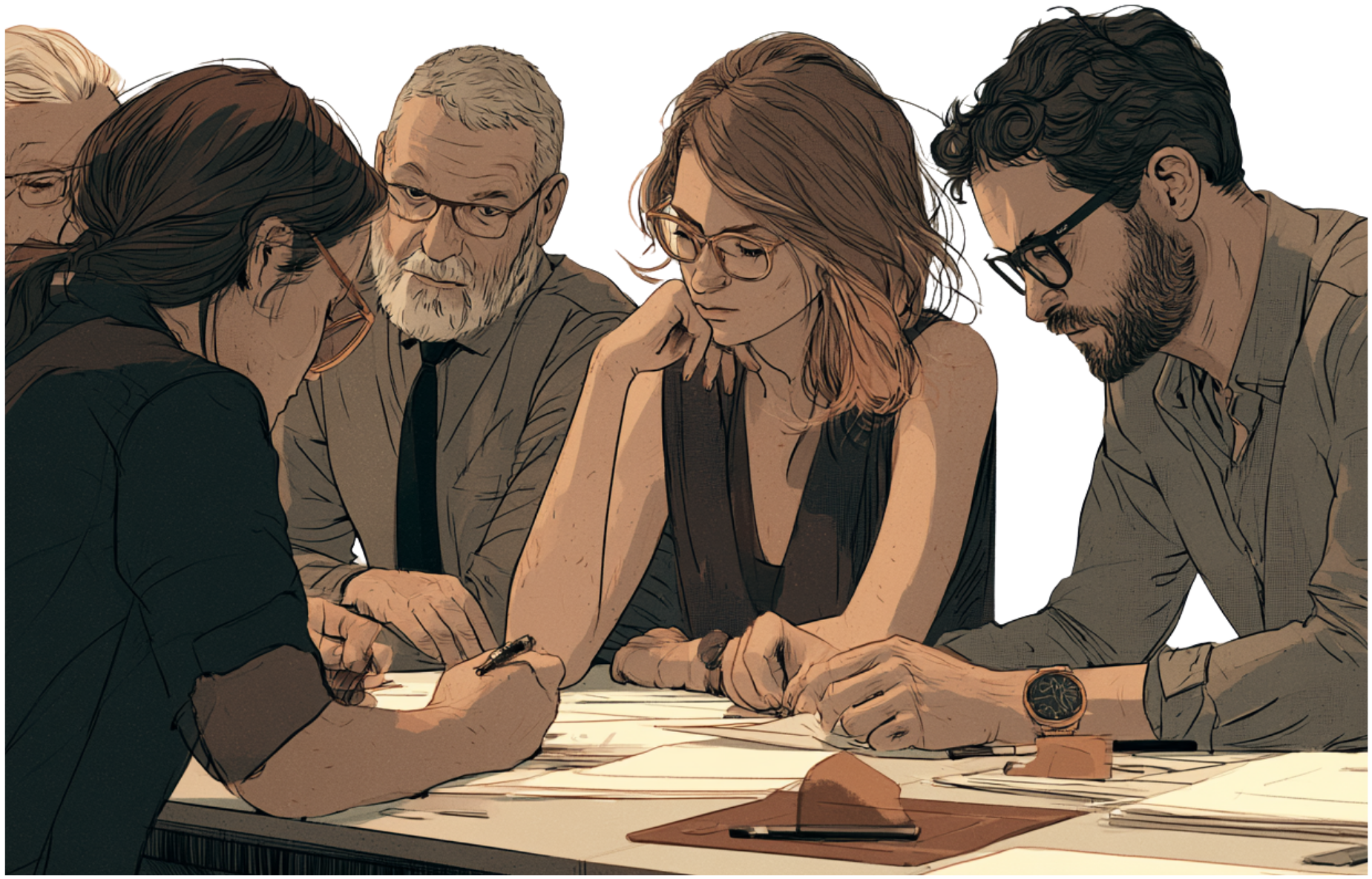 A group leaning over drawings on a table, deciding together where to start