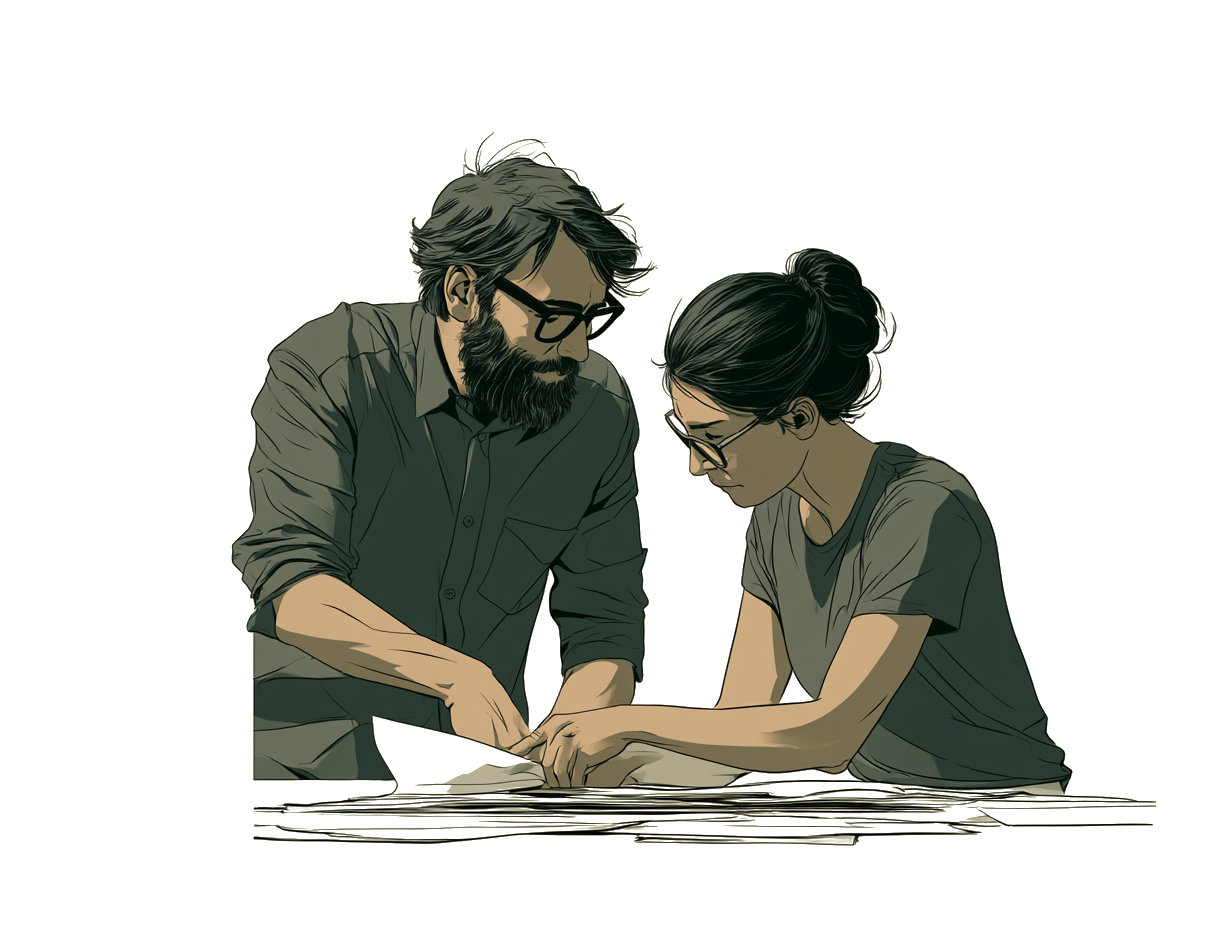 Two people leaning over papers spread across a table, working out what is on it