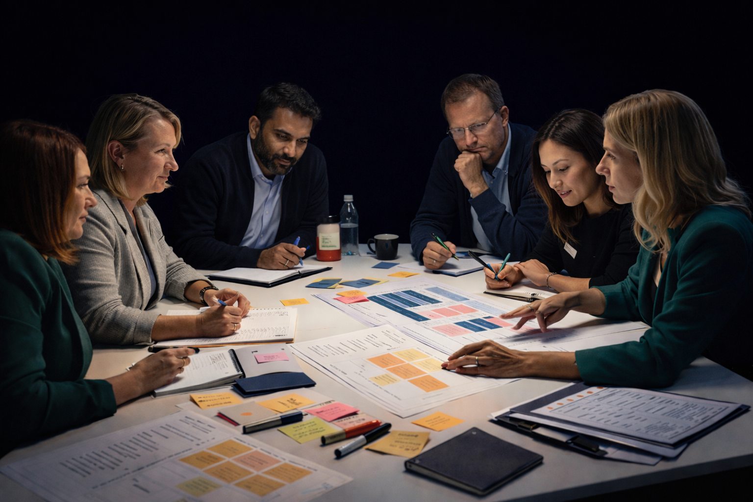 Six leaders working around a table covered in strategic planning materials, mid-discussion during a Straforma Arena session